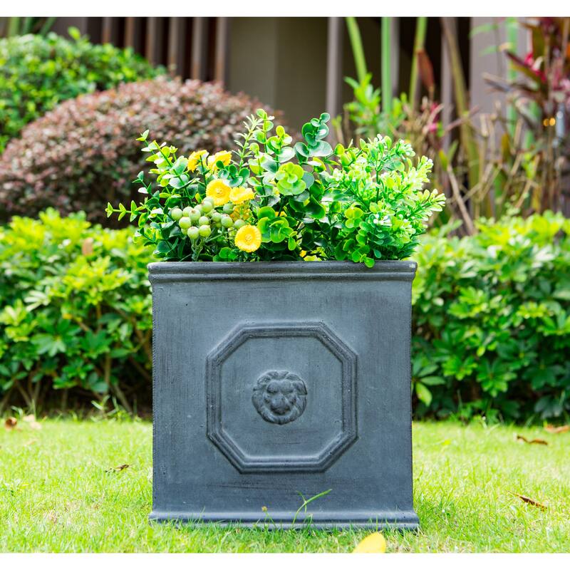 Kante Lightweight Classic Square English Style Lion Head Planter, 12.6 Inch Tall, Antique Gray