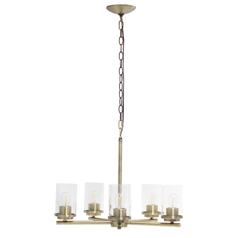 5-Light Pendant Chandelier - Antique Brass Finish, Metal & Glass Hanging Light Fixture, 20.5 Inch - 64