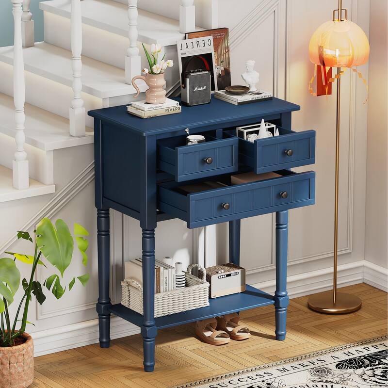 Narrow Console Table, Slim Sofa Table with Three Storage Drawers and Bottom Shelf - Navy