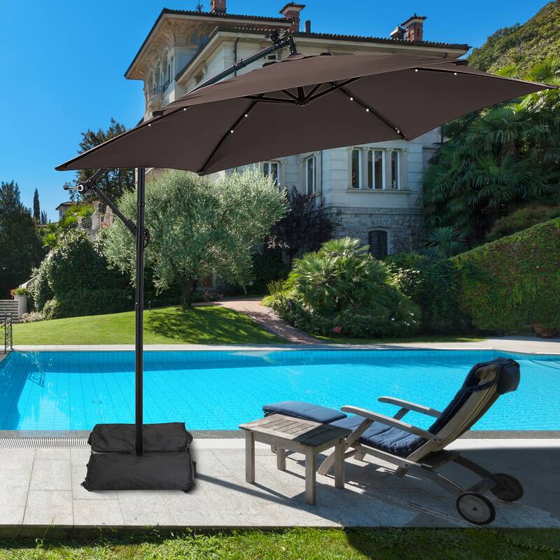 Ainfox 10 ft. Patio Offset Solar LED Umbrellas Cantilever Outside Umbrellas with Base