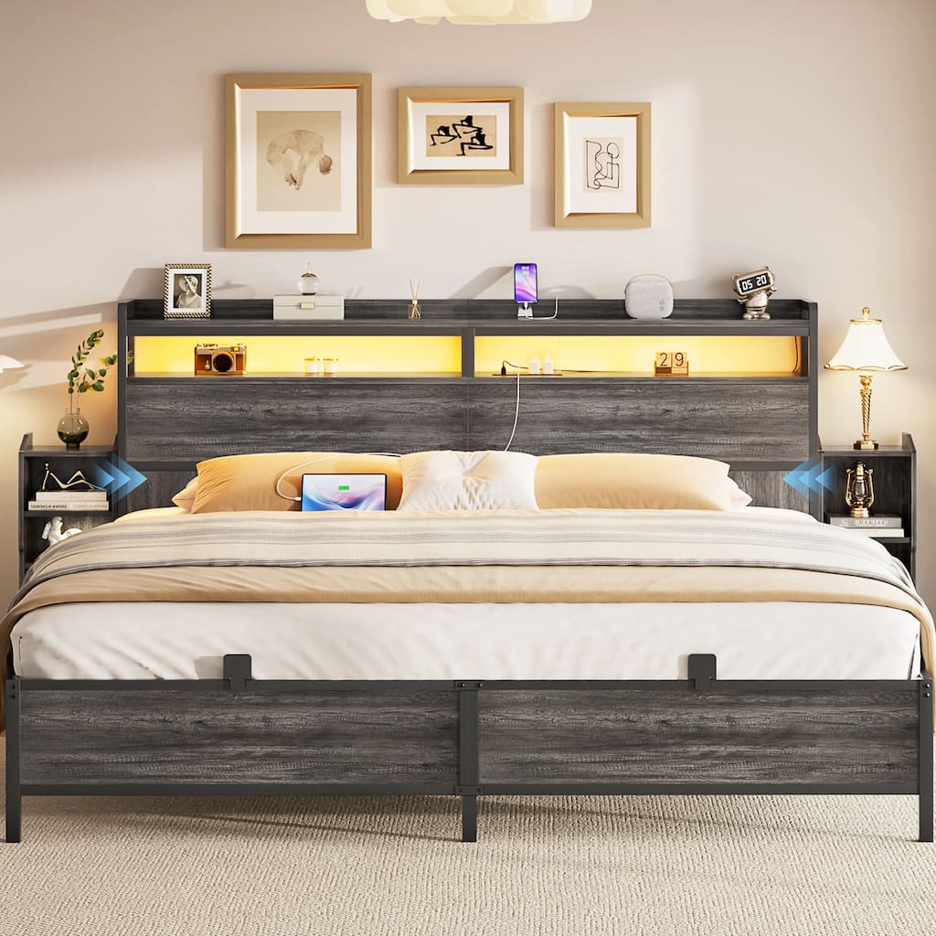 Bed Frame with Slide Out Bedside Cabinet , Platform Bed with Power Outlet and LED Light