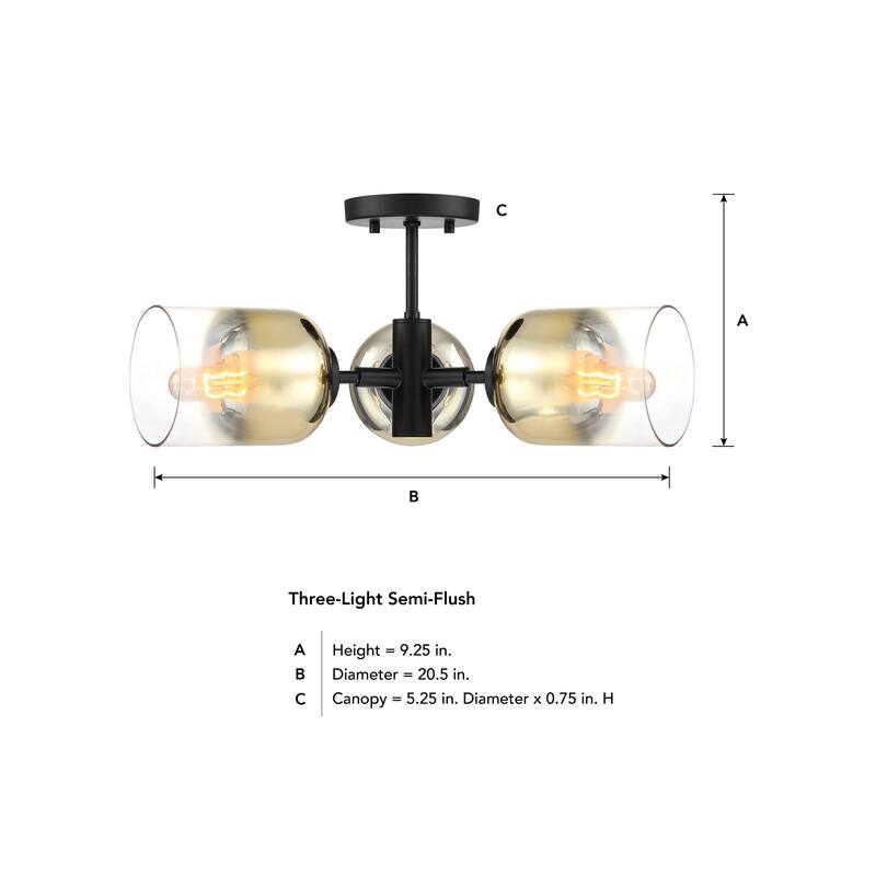 Gatsby 20.5 in. 3-Light Matte Black Mid-Century Modern Semi Flush Mount with Gold Ombre Shades for Bedrooms - 9.25