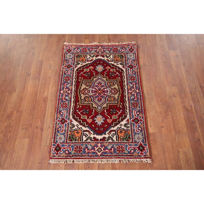 Red Heriz Serapi Indian Accent Rug Hand-Knotted Wool Carpet - 2'0" x 3'0"