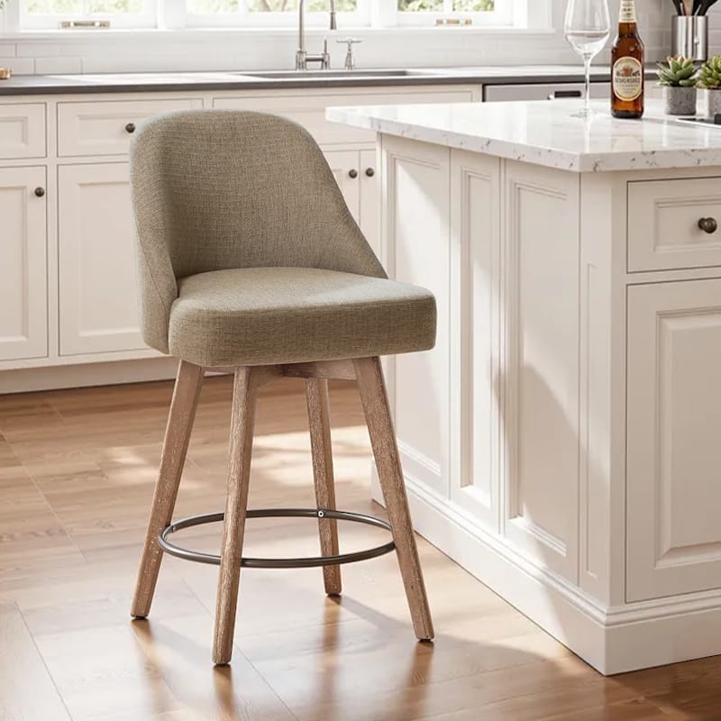 26" Upholstered Counter Height Swivel Bar Stool, Counter Stools with Solid Wood Legs - 39.37"H x 22.44"D x 21.65"W - Single - Linen-Sand