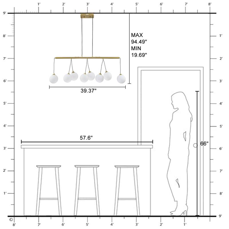 8-Light Gold Linear Kitchen Island Pendant Light Frosted Glass Globes - Dia.39.37-in
