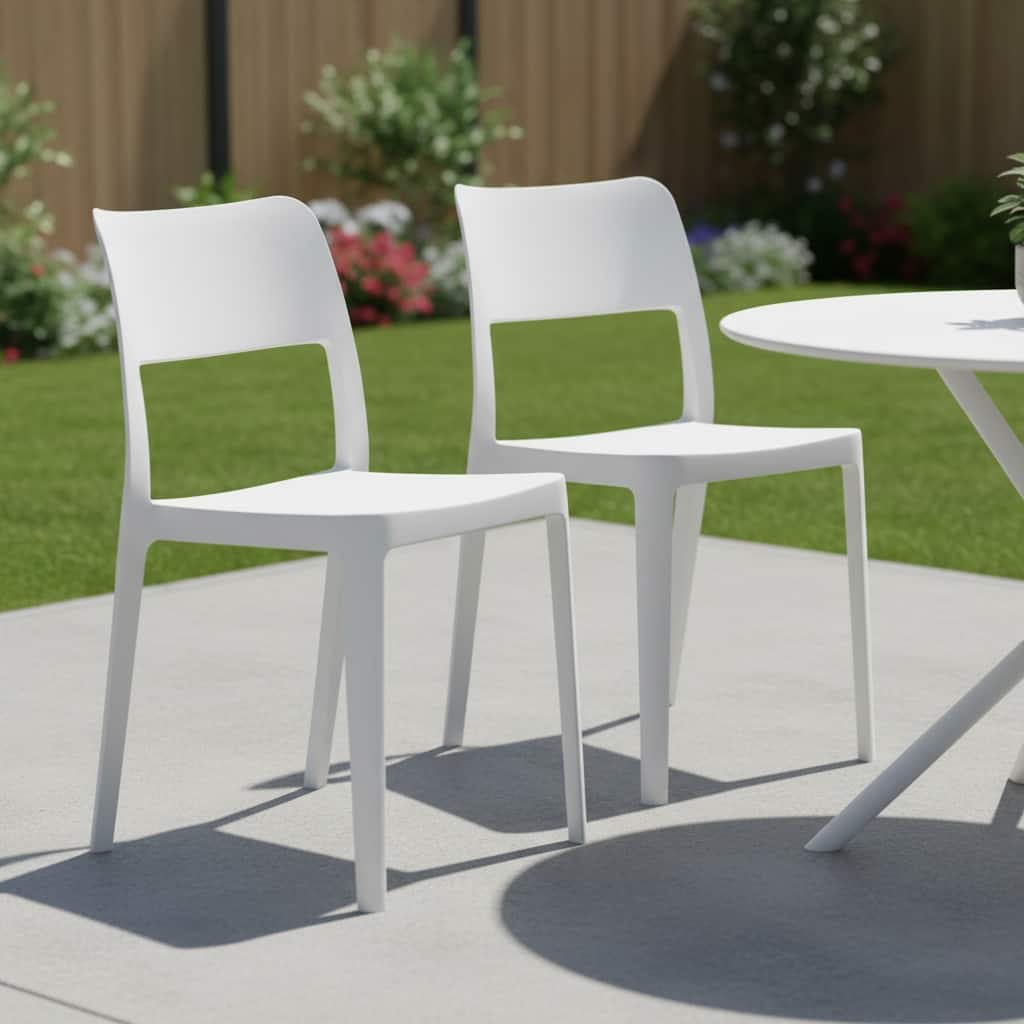 HomeRoots Set of Two White Heavy Duty Plastic Outdoor Stacking Accent Chairs