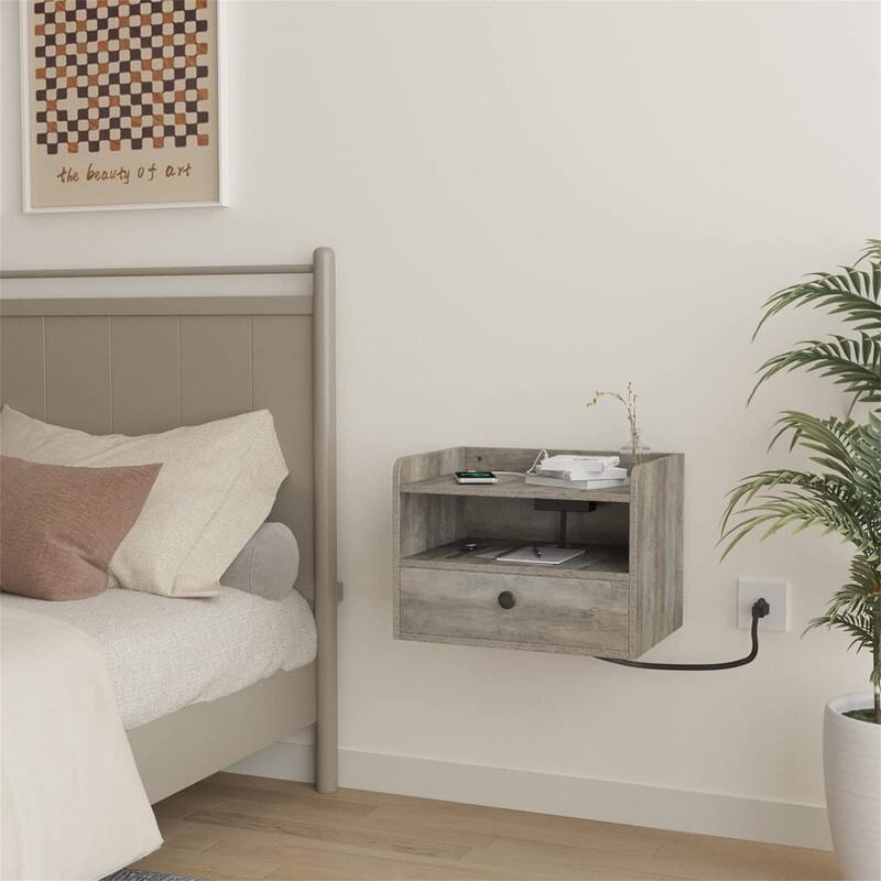 Floating Nightstand Set of 2 with Charging Station and Storage Drawer Wall Mounted - 11.5"D x 15.8"W x 11.5"H