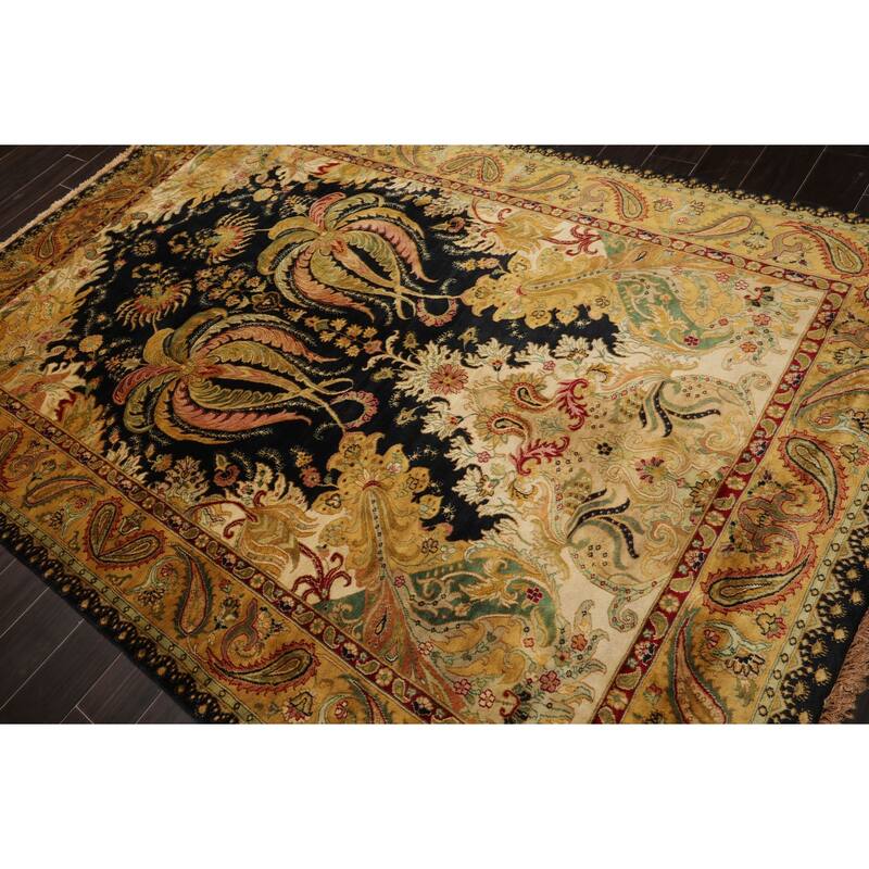 Agra Traditional Botanical Plush Pile Tea Wash Silky Sheen 6'2''x9'3'' Hand Knotted New Zealand Wool Green Rug - 6' 2'' x 9' 3''