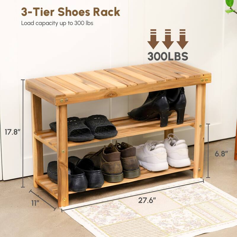 Farmhouse Acacia Wood Shoe Rack Bench 2-Tier Natural Wood Organizer