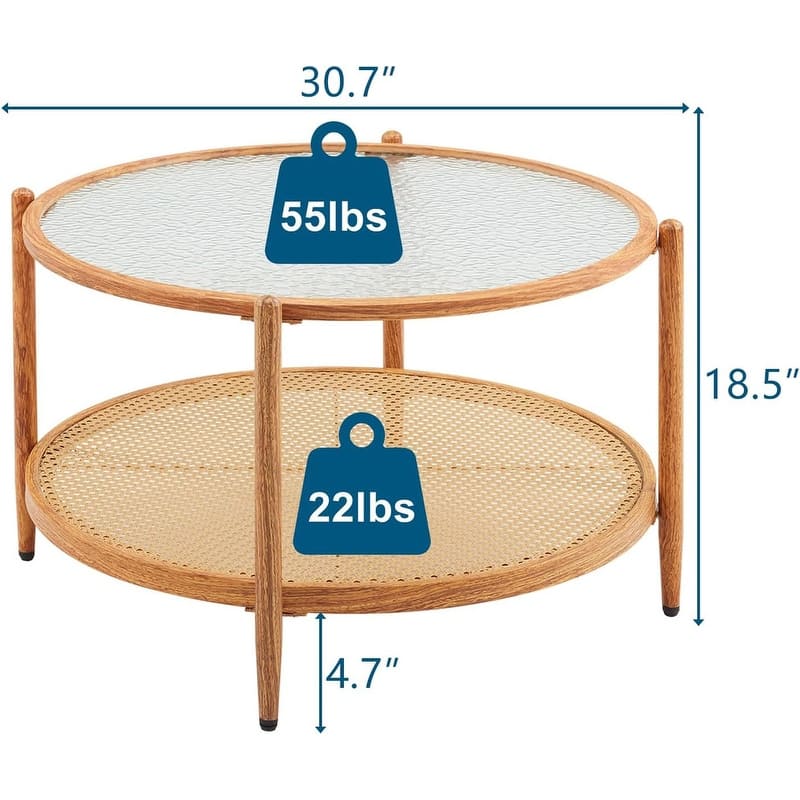 VINGLI Double-Layered Round Water Ripple Glass with Heat Transfer Wood Grain Iron Frame Coffee Table