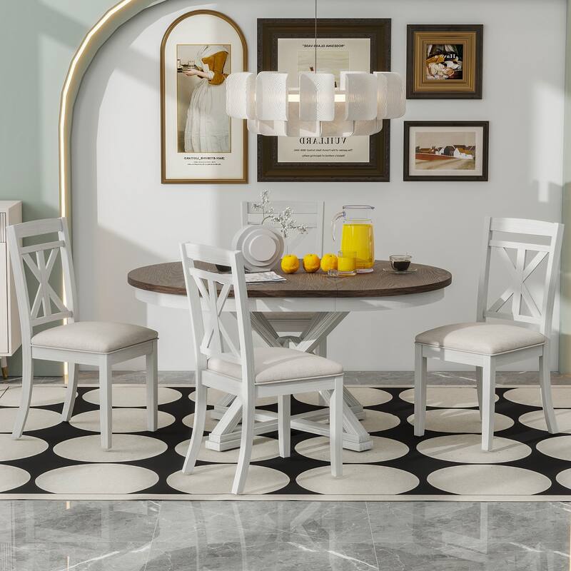 Roomfitters 5-Piece Retro Dining Table Set, Extendable Round Table with Leaf & Upholstered Chair, Dining Room Set - Brown + Antique White