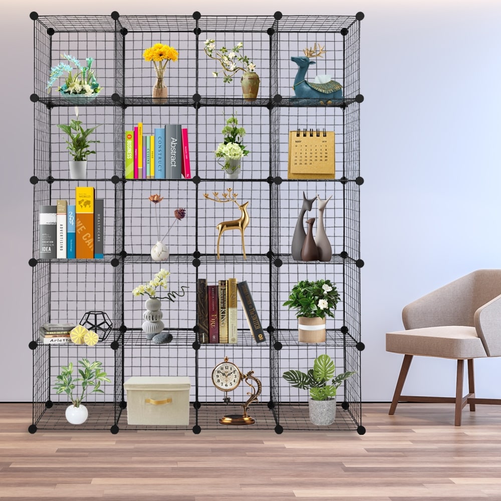16-Cubes Metal Wire Storage Organiser White Multi-Use Storage Shelving Rack for Books Shoes DIY Closet Cabinet Wire Grid Bookcase Toys Clothes 130x32x130cm