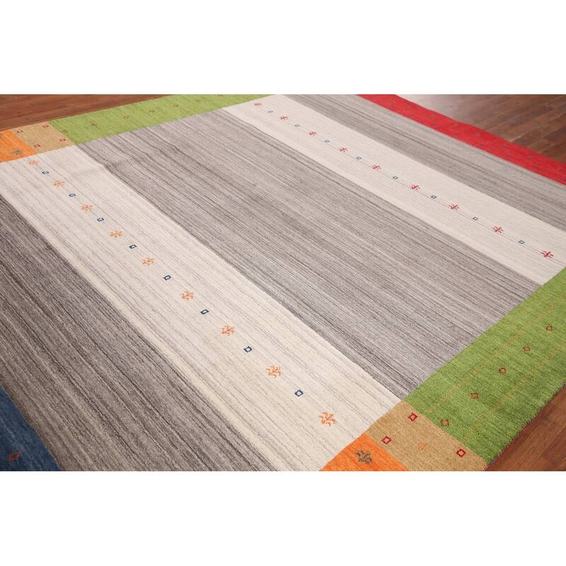Striped Gabbeh Oriental Area Rug Hand-Knotted Multi-Color Wool Carpet - 8'1" x 9'8"