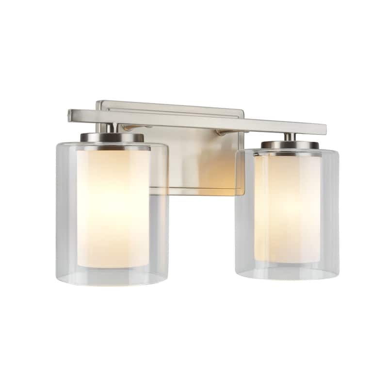 Aspen Creative Two-Light Metal Bathroom Vanity Wall Light Fixture, 13 1/2" Wide, Satin Nickel with Clear Glass Shade