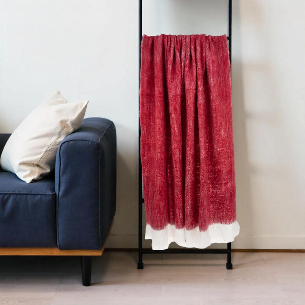 HomeRoots 52" X 67" Red and White Woven Wool Blend Throw Blanket