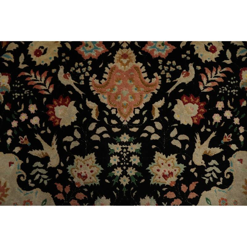 Hand Knotted Oriental Wool & Silk Carpet Traditional Floral Black Tabriz Area Rug - 6' 7'' X 4' 10''