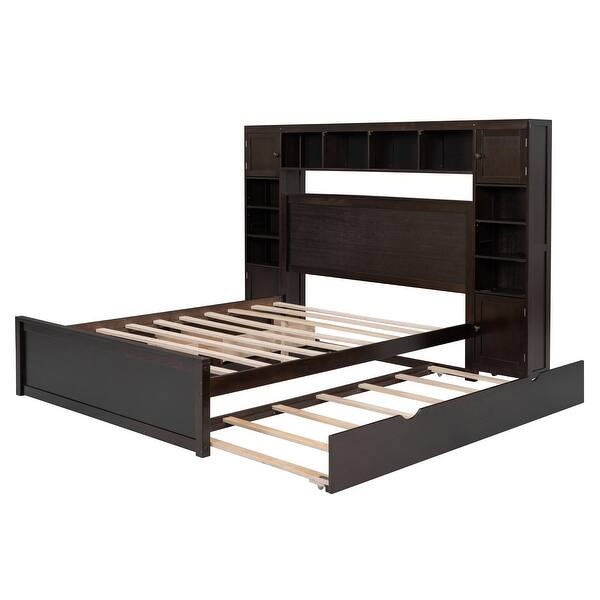 Wooden Bed With All-in-One Cabinet, Shelf and Trundle