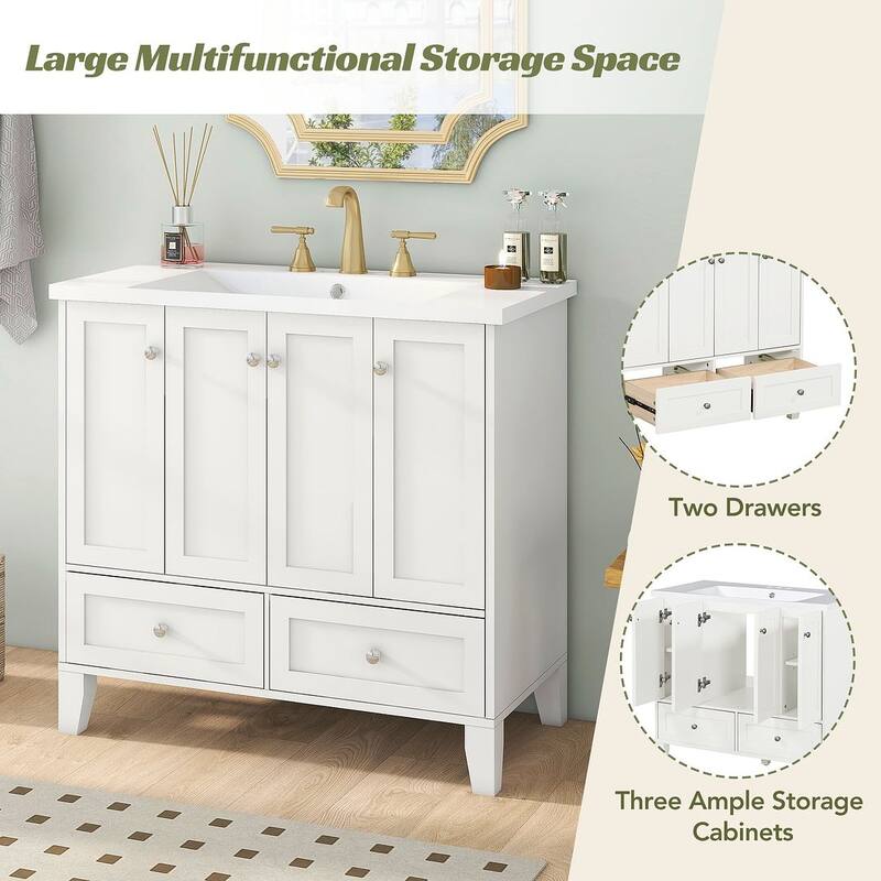 36'' Bathroom Vanity with Sink Set, Solid Wood Frame Bathroom Storage Cabinet, Freestanding Vanity Set
