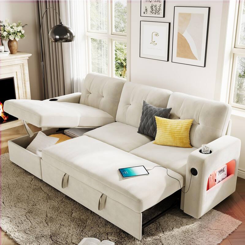 84 Inch Sleeper Sofa Couch, L-Shaped Sofa, Convertible Pull Out Sofa Bed with Storage, Charging Station, Led Lights