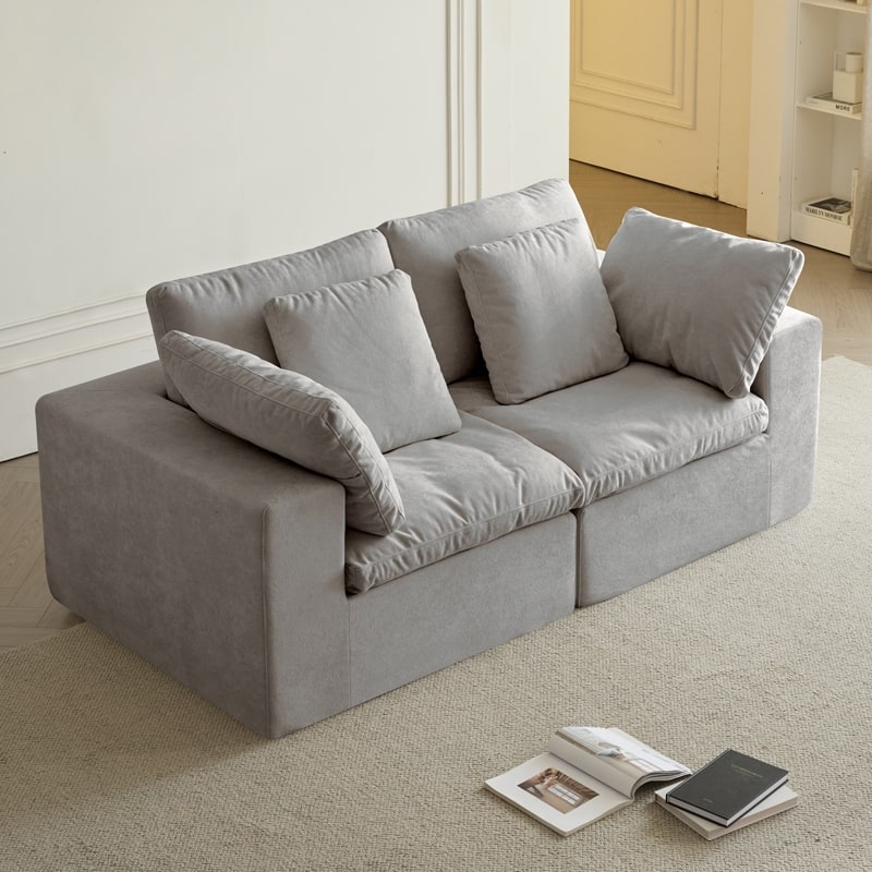 Flannel Modular Sectional Loveseat Sofa with Square Arms and Pillows