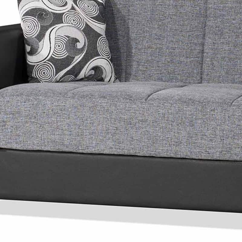 HomeRoots 87" Gray And Black Chenille And Faux Leather Convertible Futon Sleeper Sofa And Toss Pillows With Storage