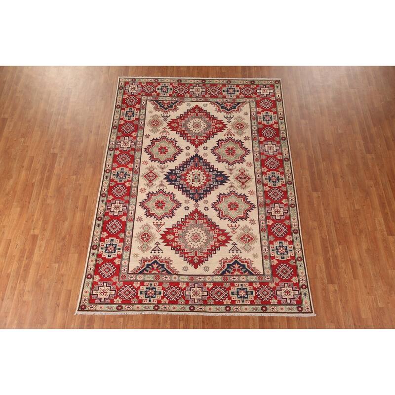 Geometric Kazak Area Rug Hand-Knotted Living Room Wool Carpet - 6'11" x 9'9"
