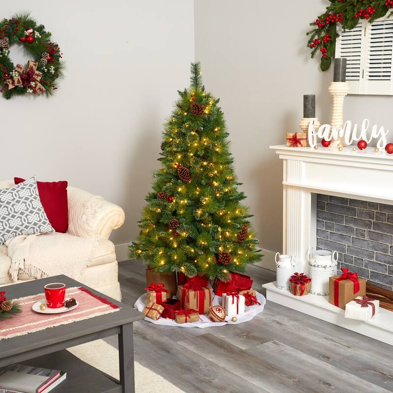 5ft Artificial Christmas Tree with Lights - Holiday Decor, Pine Cones & Berries, Festive Seasonal Tree - Green - 60