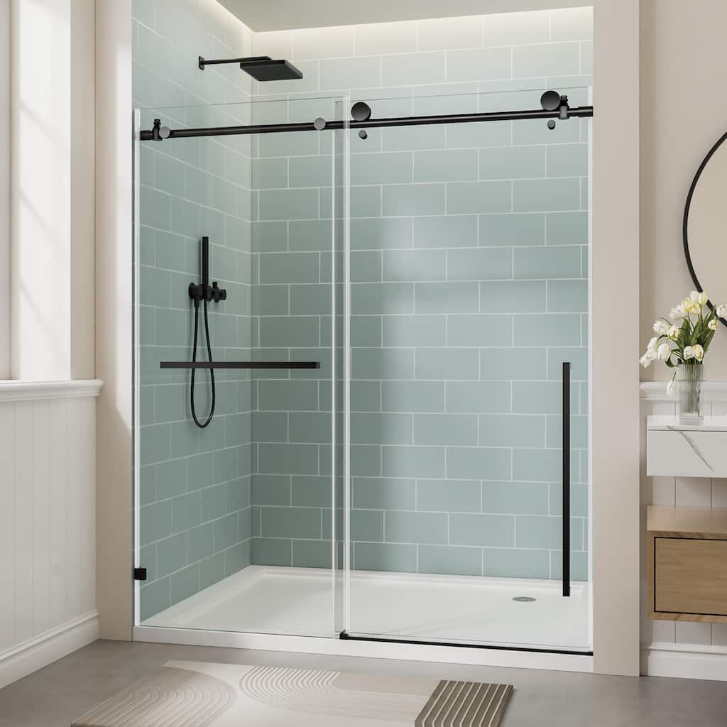 56-60"x78" Frameless Sliding Shower Door, 3/8" Anti-Shatter Glass, Adjustable Stainless Steel Track, Matte Black/Nickel