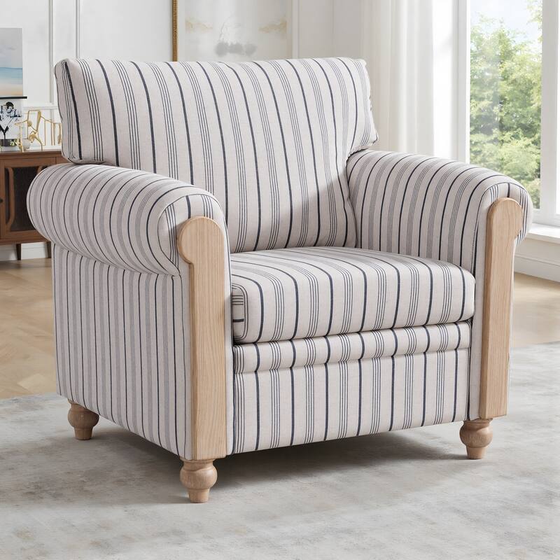 Stripe Accent Chair for Living Room, Upholstered Reading Chair Arm Chair Mid Century Modern Single Sofa with Rolled Arms