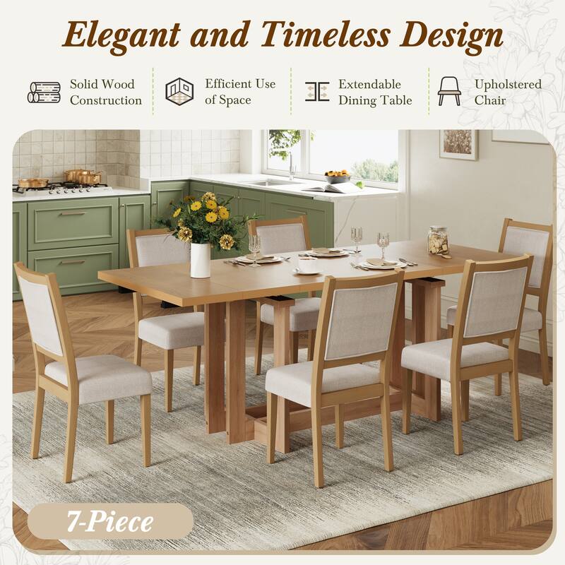 82" Rustic Extendable Dining Table Set: 7-Piece Trestle Table with 6 Upholstered Chairs & 2 Removable Leaves