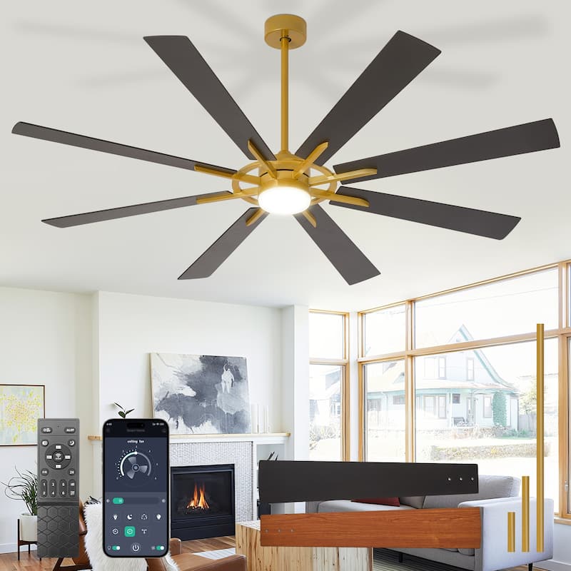 Modern 72 Inch 8 Blade Outdoor large Ceiling Fans with Lights: Dimmable Indoor Reversible 6 Speed Quiet DC Motor - 66in - Bronze