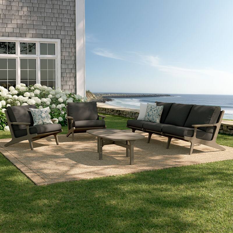 Saratoga 4-Piece Outdoor Patio Teak Wood Furniture Set - Weathered Gray White