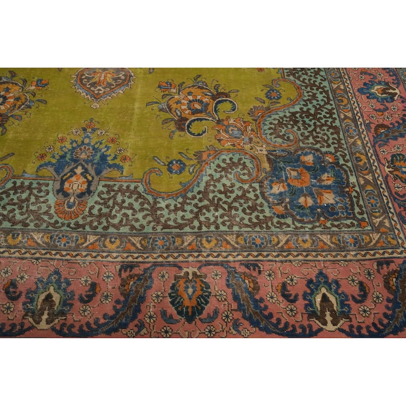 Hand Knotted Oriental 100% Wool Carpet Traditional Medallion Green Tabriz Area Rug - 13' 5'' X 9' 11''