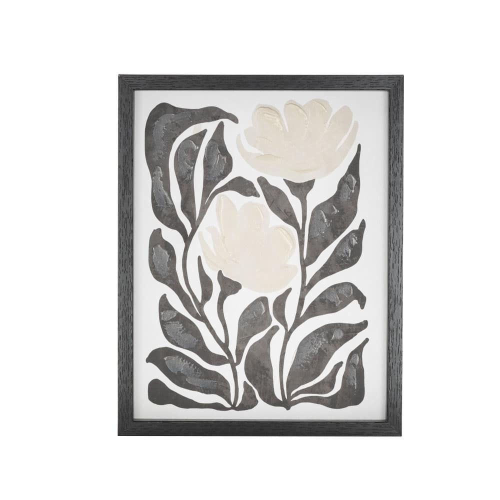 Canvas Floral Framed Wall Art with Black Stems and Leaves - White - Roche River Decor