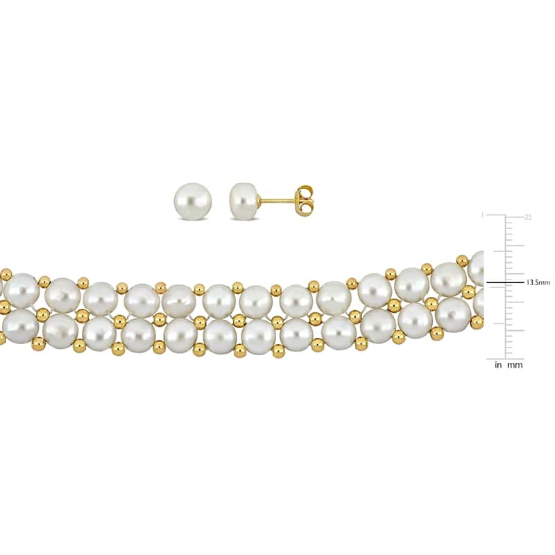 Miadora Cultured Freshwater Button Pearl Double Row Jewelry Set Yellow Silver