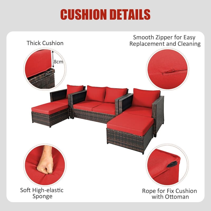 5 Pieces Patio Cushioned Rattan Furniture Set - 50" x 30.5" x 29" (L x W x H)