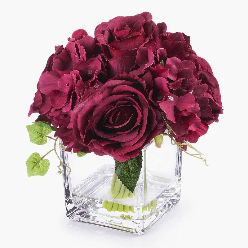 Enova Home Artificial Silk Hydrangea and Fake Roses Flowers Arrangement in Cube Glass Vase with Faux Water for Home Decoration - burgundy