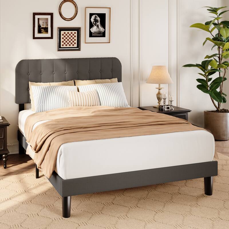 Full / Queen / King Bed Frame with Headboard, Upholstered Platform Bed with Sturdy Wooden Slats - Dark Grey - Queen