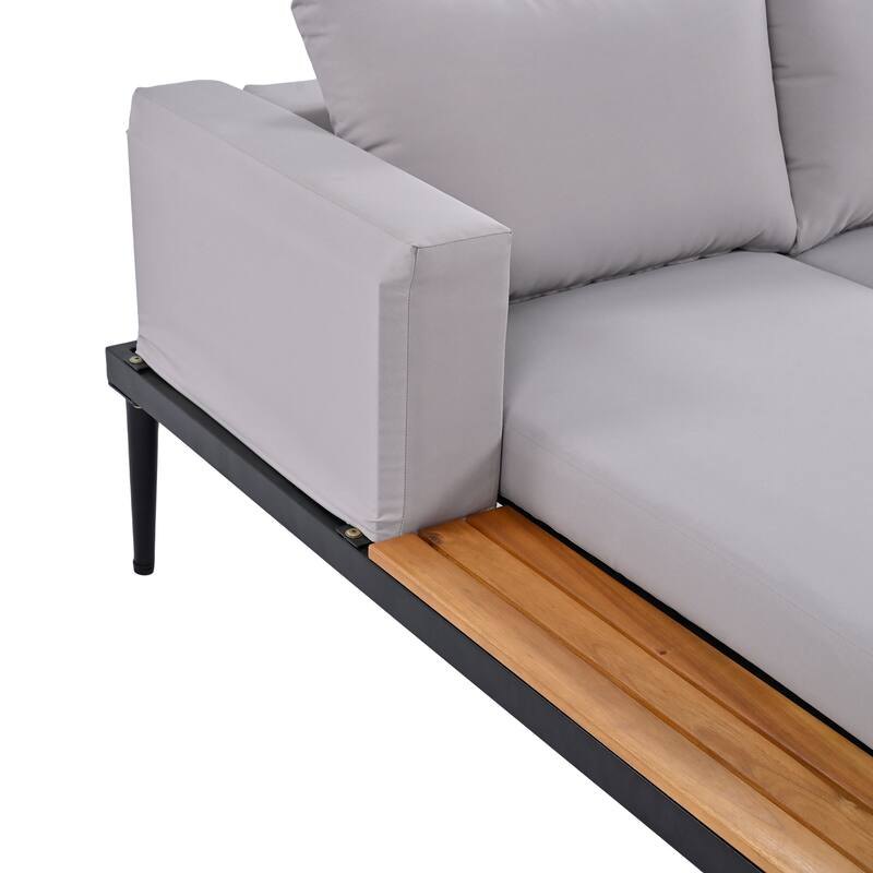 Modern Outdoor Daybed Patio Metal Daybed with Wood Topped Side Spaces for Drinks, 2 in 1 Padded Chaise Lounges for Poolside