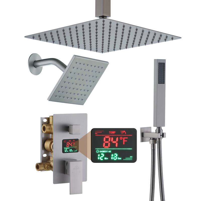 CASAINC Dual Heads 12 Inch Ceiling Mounted Square Shower Head Shower System with Handheld Shower Digital Display Shower