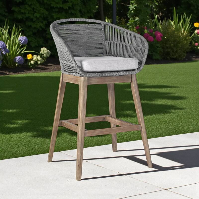 HomeRoots 43" Gray Solid Wood Low back Outdoor Bar Height chair with Footrest - Gray