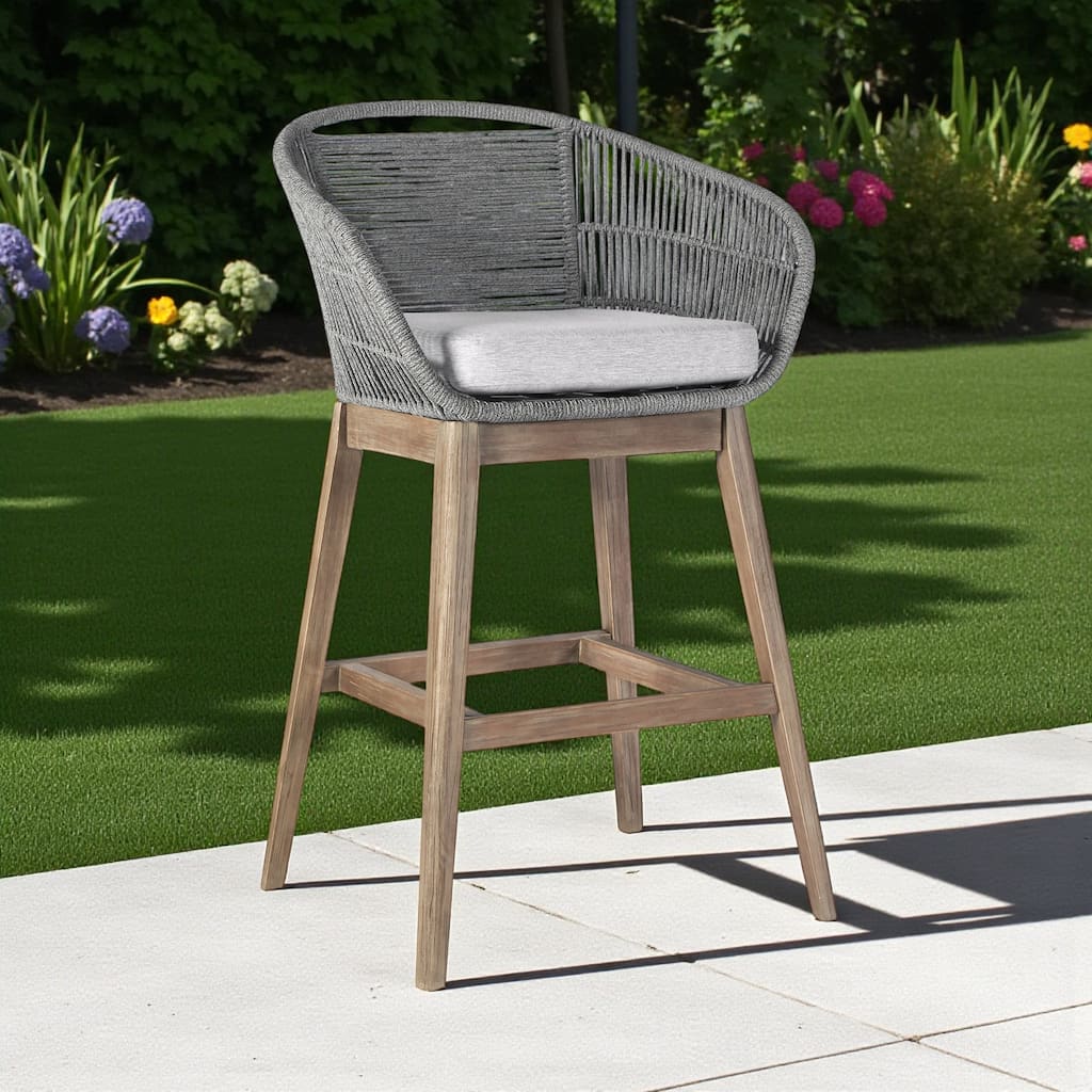 HomeRoots 43" Gray Solid Wood Low back Outdoor Bar Height chair with Footrest