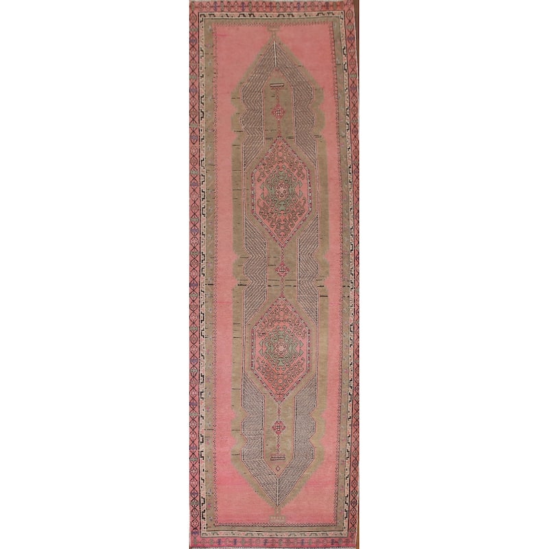 Pink Geometric Sirjan Persian Runner Rug Vintage Handmade Wool Carpet - 3'4" x 12'3"