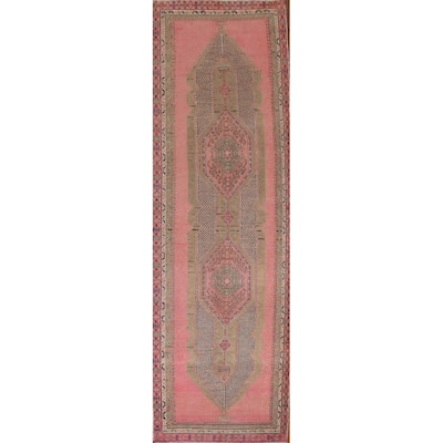 Pink Geometric Sirjan Persian Runner Rug Vintage Handmade Wool Carpet - 3'4" x 12'3"