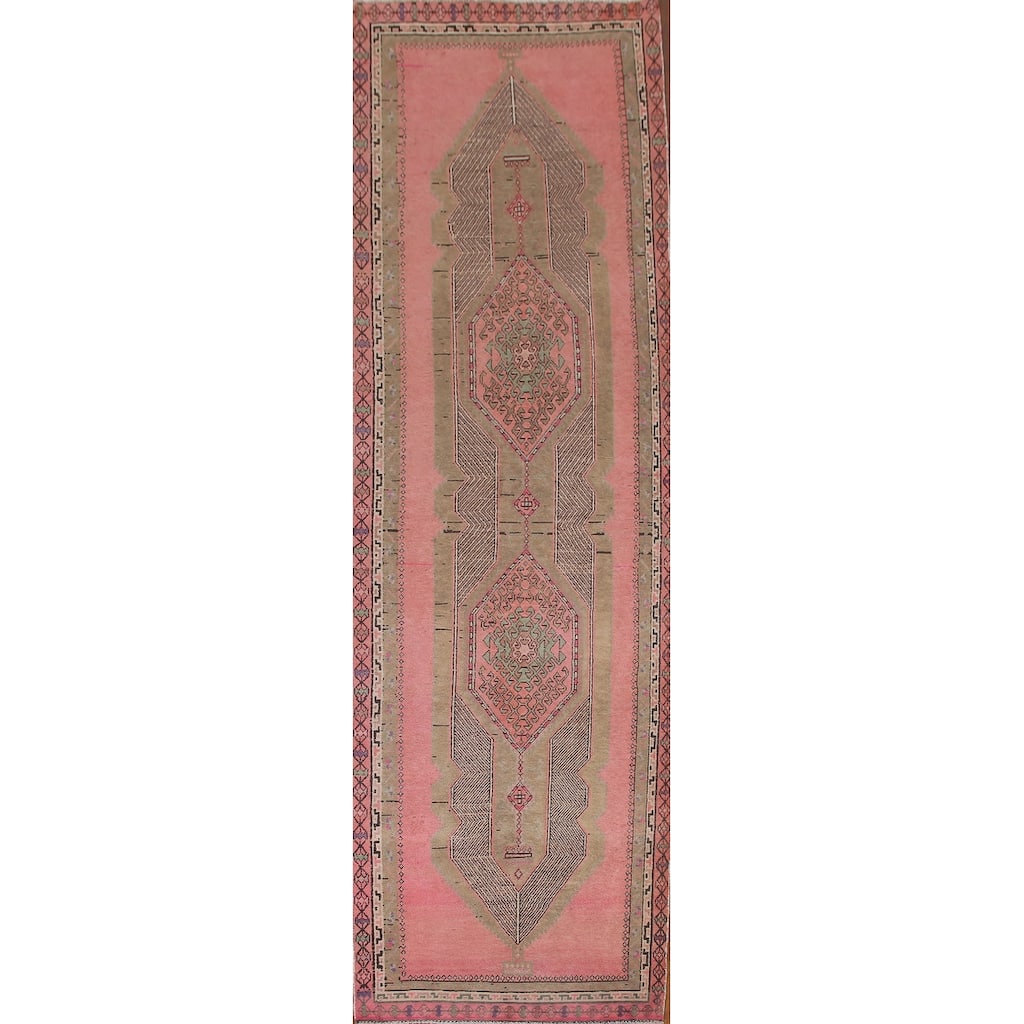 Pink Geometric Sirjan Persian Runner Rug Vintage Handmade Wool Carpet - 3'4" x 12'3"