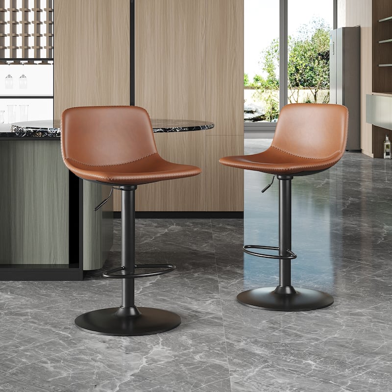 Set of 2 Industrial Adjustable Swivel Bar Stools, PU Leather with Footrest - Mid-Century Kitchen Island Stools