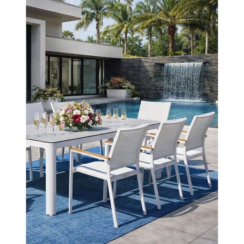 Como White 7-Piece Aluminum Outdoor Dining Set with Sling Set in White - N/A