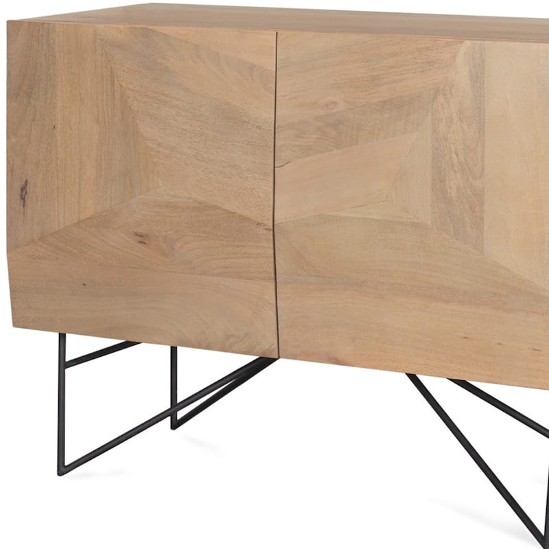 HomeRoots 44" Natural and Black Solid Wood and Metal Carved Geometric Accent Cabinet With Two Doors