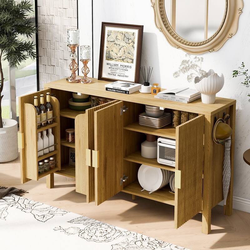Storage Cabinet with 4 Stripe Door and Side Hooks, Buffet Cabinet Adjustable Shelves & Aluminum Handles for Living Room - Natural