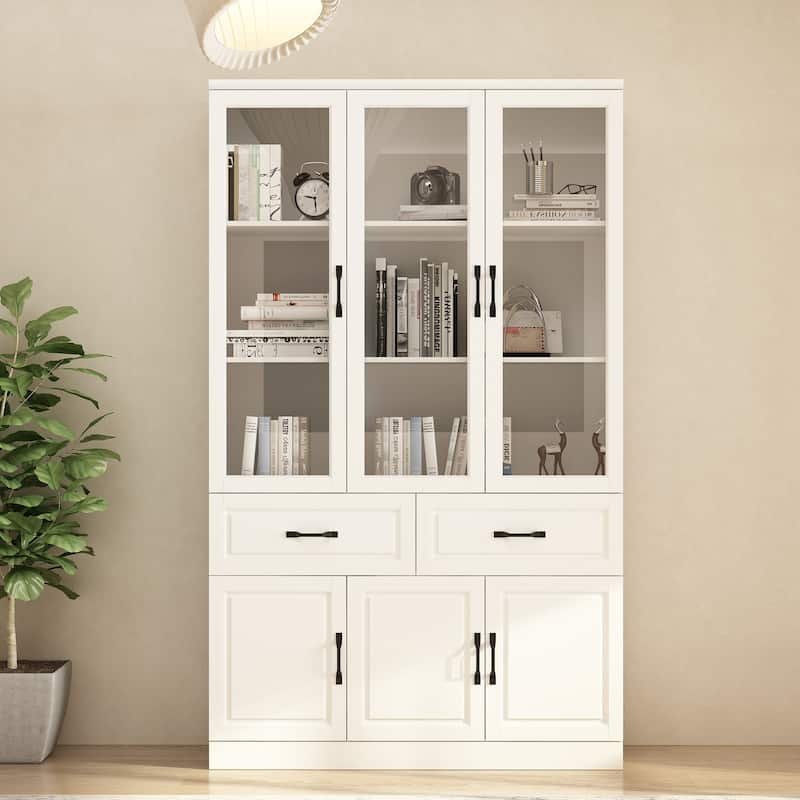 78.7" Large Combo Storage Cabinet Display Bookcase Glass Doors Pantry - 47.2"W